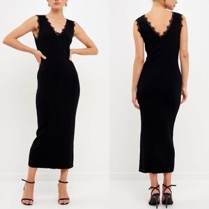 Grey Lab Los Angeles Lace Scalloped Trimmed Rib Knit Maxi Dress Size S